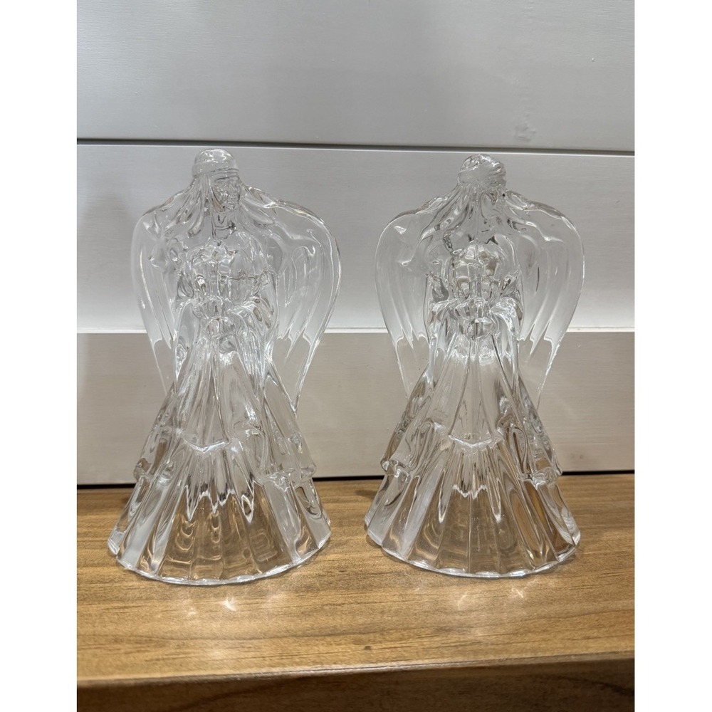 VTG Pair Clear Glass‎ Angel Taper Candle Holders Christmas